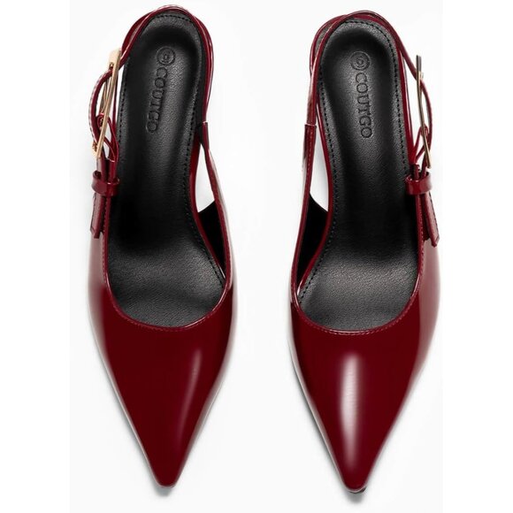 Women's Burgundy Slingback Kitten Heels Closed Pointed Toe Pumps Buckle Strap - Picture 5 of 6